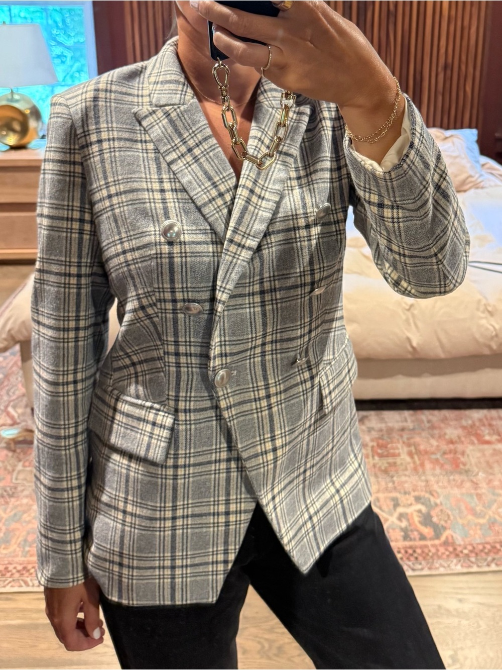 Nine West Gray Plaid Double-Breasted Blazer with silver buttons. XS, like new